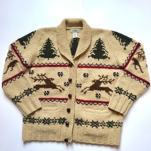 LL Bean Wool Cardigan Reindeer Deer Holiday Tree Scene